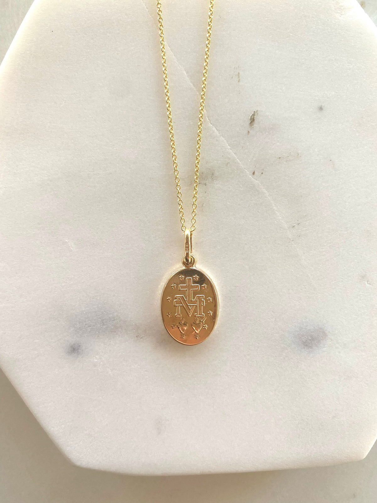 14K Gold Virgin Mary Oval Pendant Necklace, Religious Jewelry