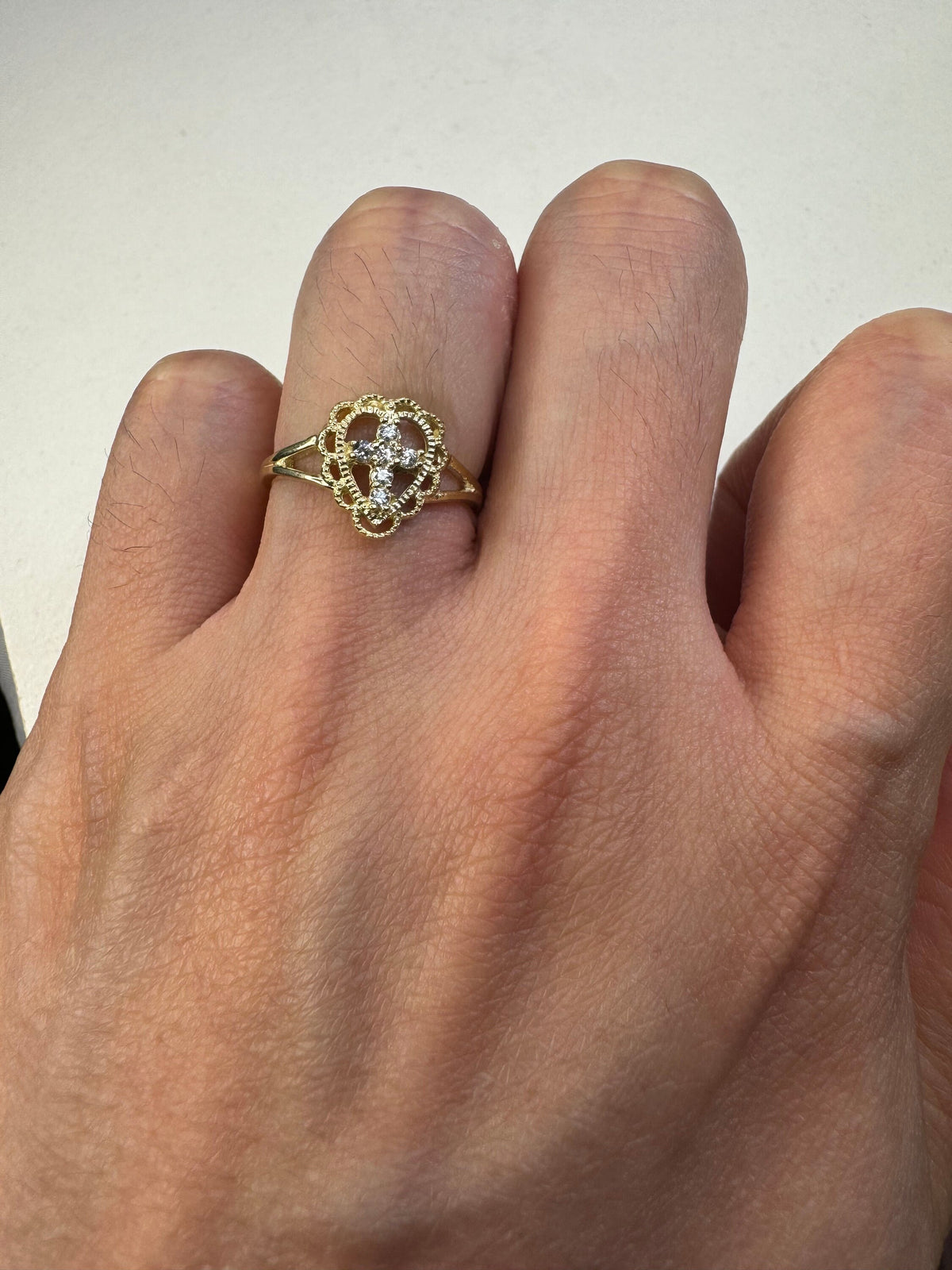 10K Yellow Gold CZ Cross Ring - Religious Gift