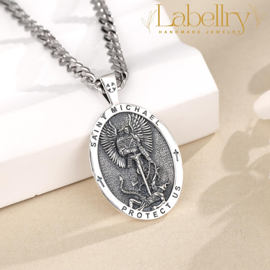 Sterling Silver St Michael Archangel Pendant Necklace, Guardian Angel Saint Michael Medal Amulet, Christian Jewelry, Christmas Gift for Him