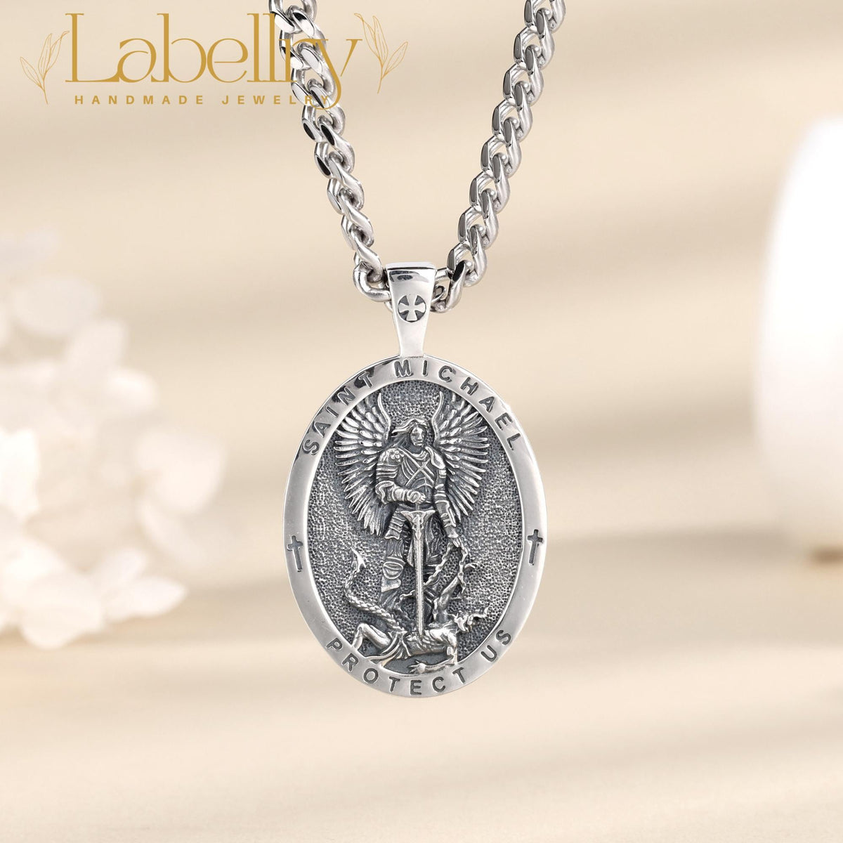 Sterling Silver St Michael Archangel Pendant Necklace, Guardian Angel Saint Michael Medal Amulet, Christian Jewelry, Christmas Gift for Him