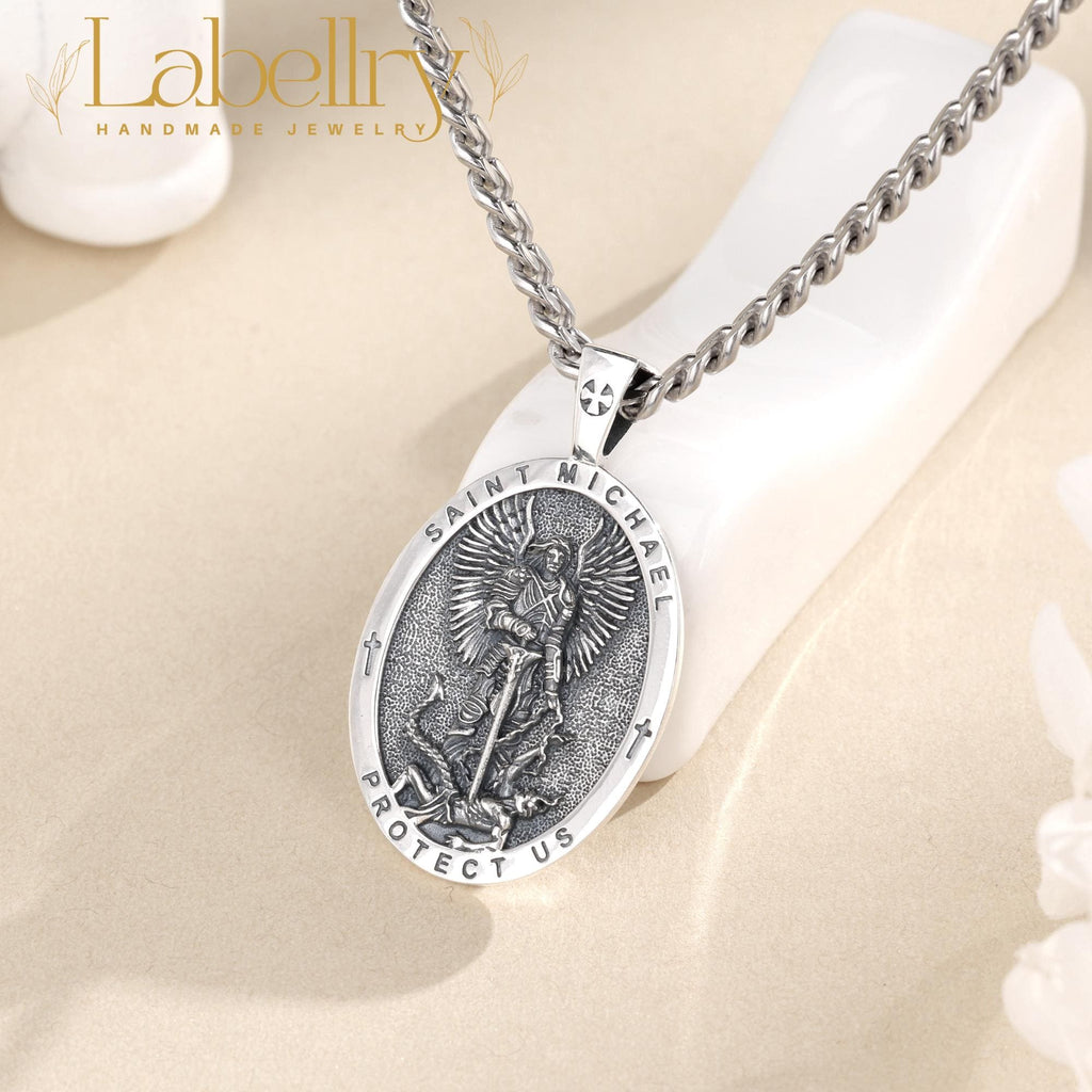 Sterling Silver St Michael Archangel Pendant Necklace, Guardian Angel Saint Michael Medal Amulet, Christian Jewelry, Christmas Gift for Him