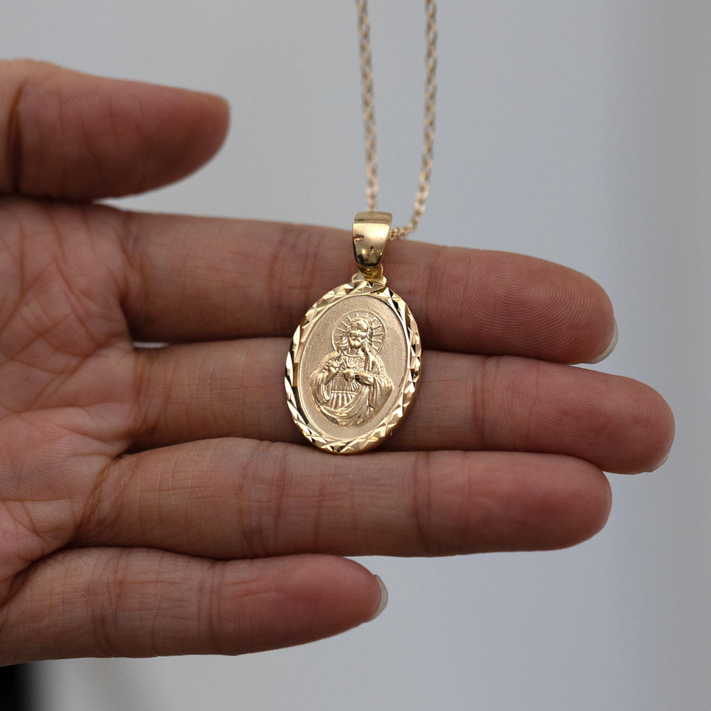 18K Gold Filled Sacred Heart of Jesus Medallion Pendant Necklace Religious Medal Gift Jewelry