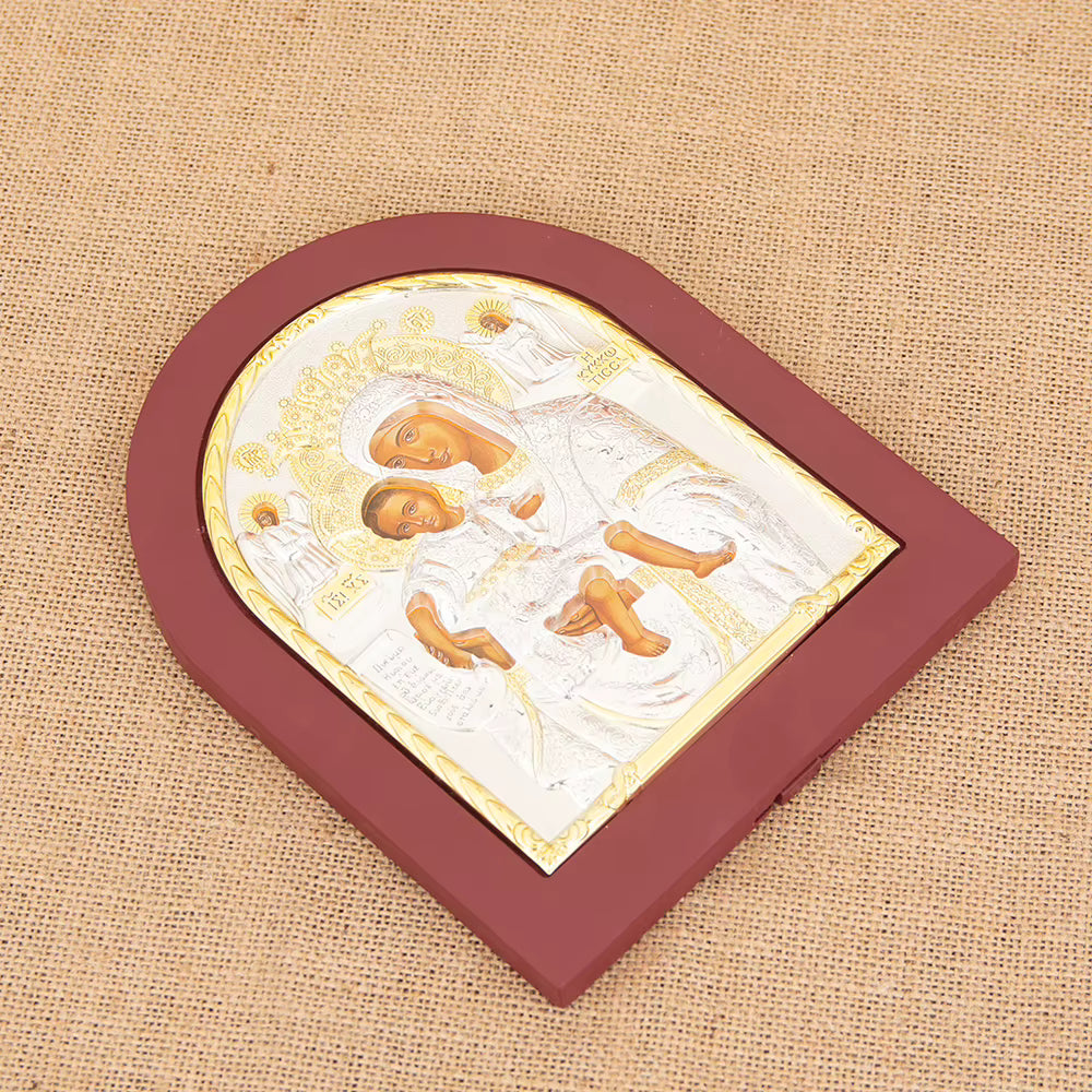Red Border Gold Silver Orthodox Virgin Mary and Child Icon Hand-Painted Religious Art Church Altar Decor Christian Sacred Gift